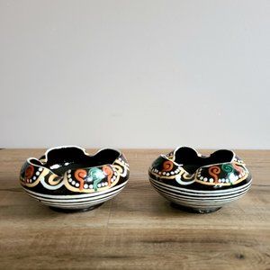 Set of 2 hand made hand painted ceramic ashtrays with bright multicolor design.